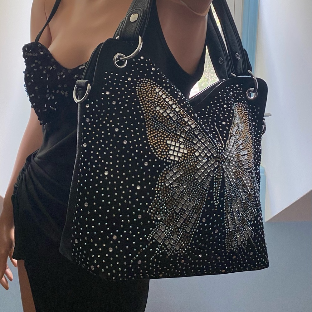 LG BUTTERFLY HANDBAG PEBBLED LEATHER & RHINESTONE LG ZIPPY DAZZLER